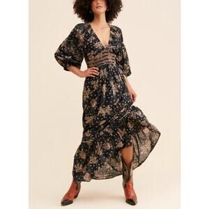 Free People Golden Hour Maxi Dress Black Combo Floral Size S NWT Boho Indie